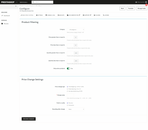 Masowa zmiana cen PrestaShop