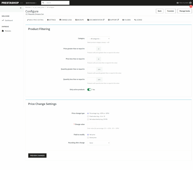 Masowa zmiana cen PrestaShop