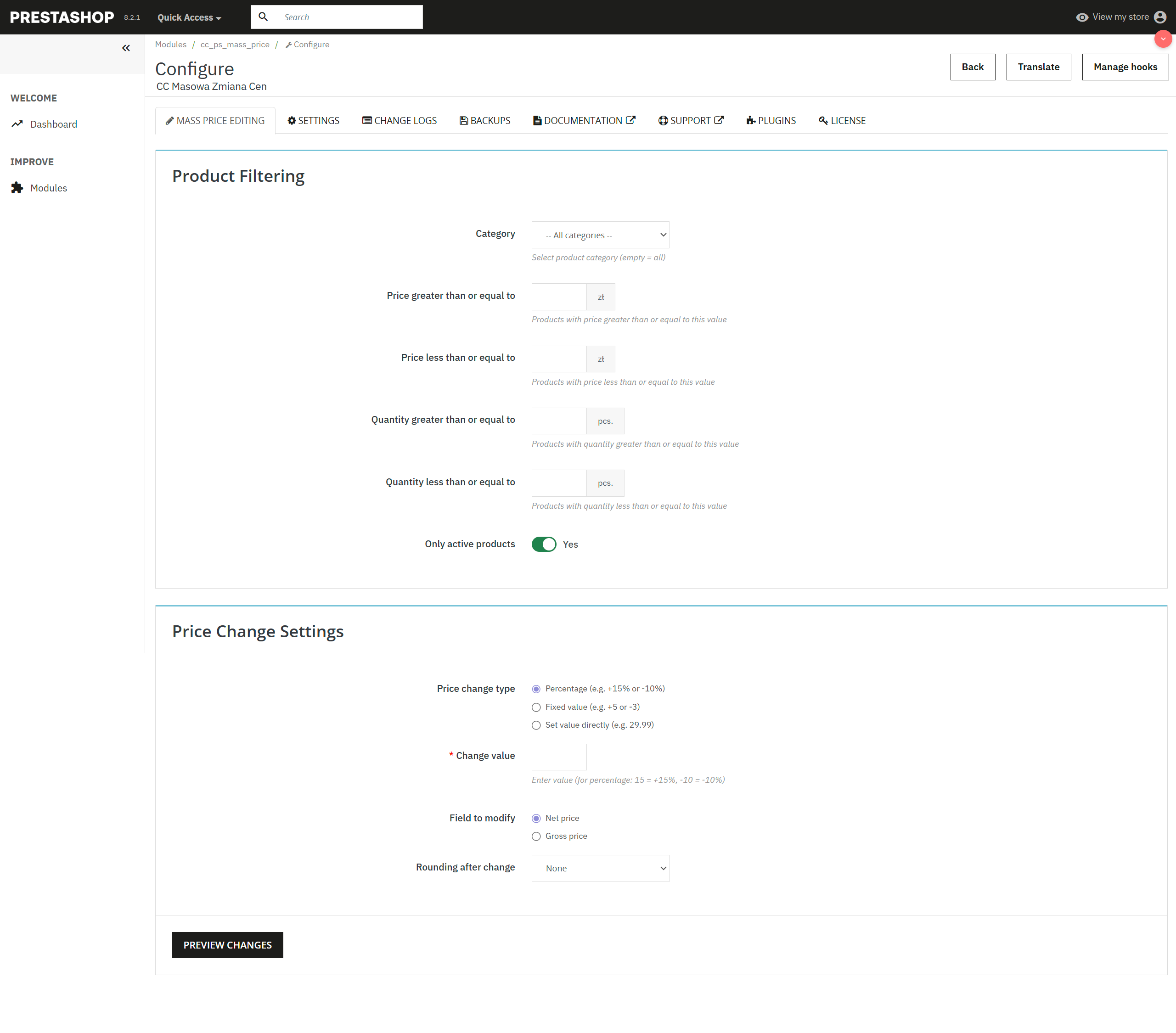 Cambio masivo de precios PrestaShop