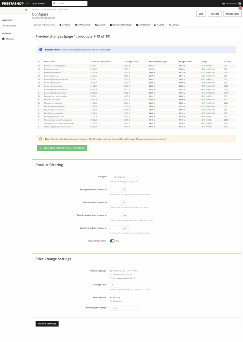 Masowa zmiana cen PrestaShop