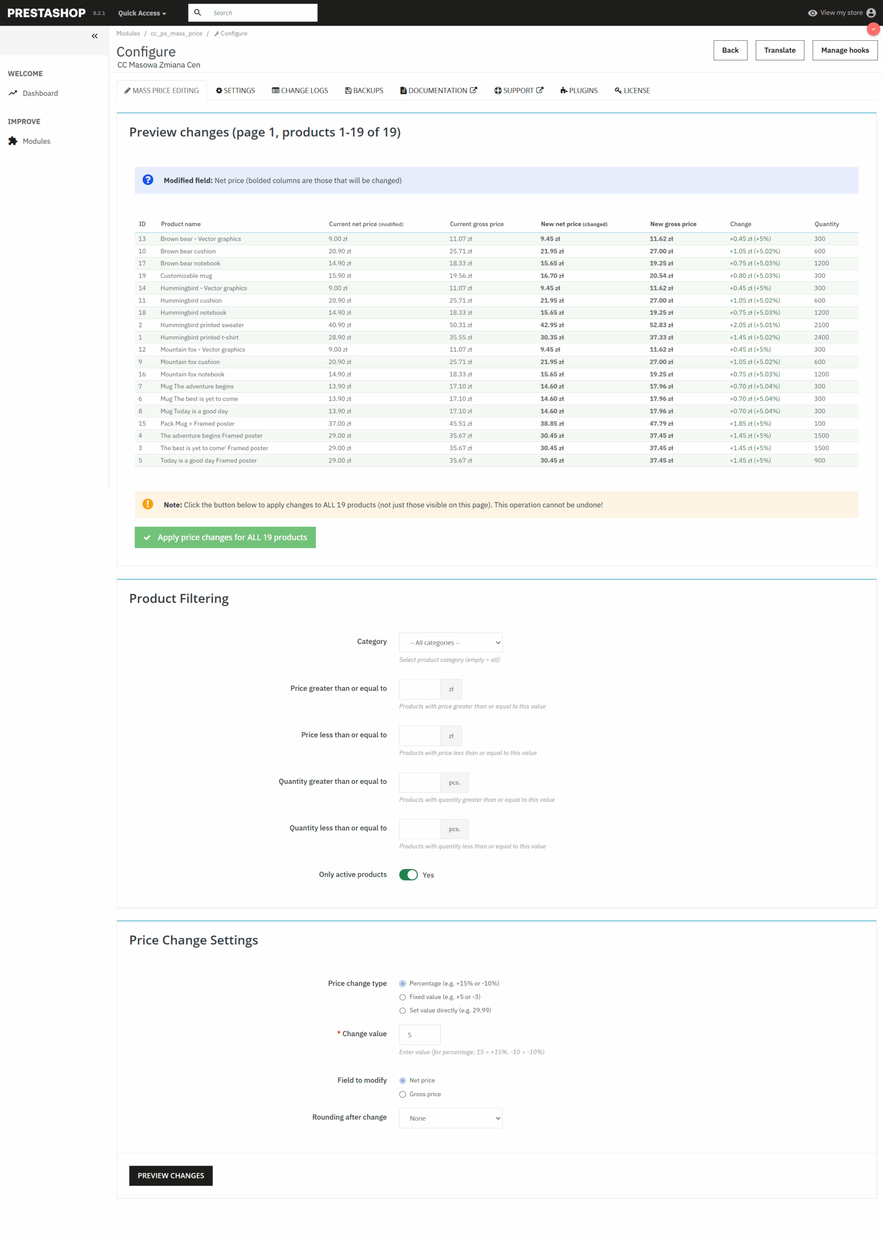 Cambio masivo de precios PrestaShop
