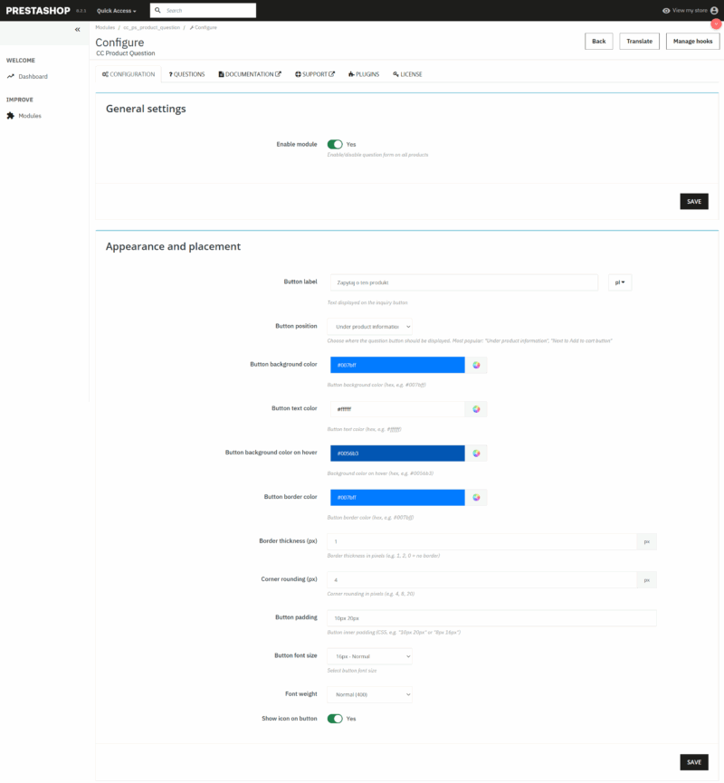zapytaj o produkt moduł prestashop
