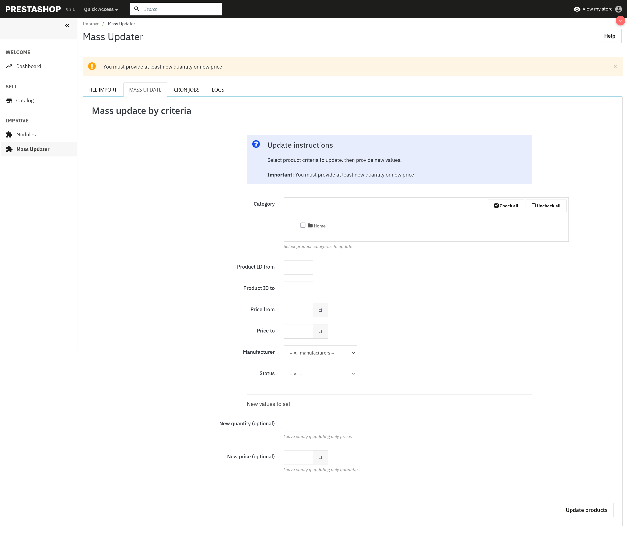 Actualización masiva de productos